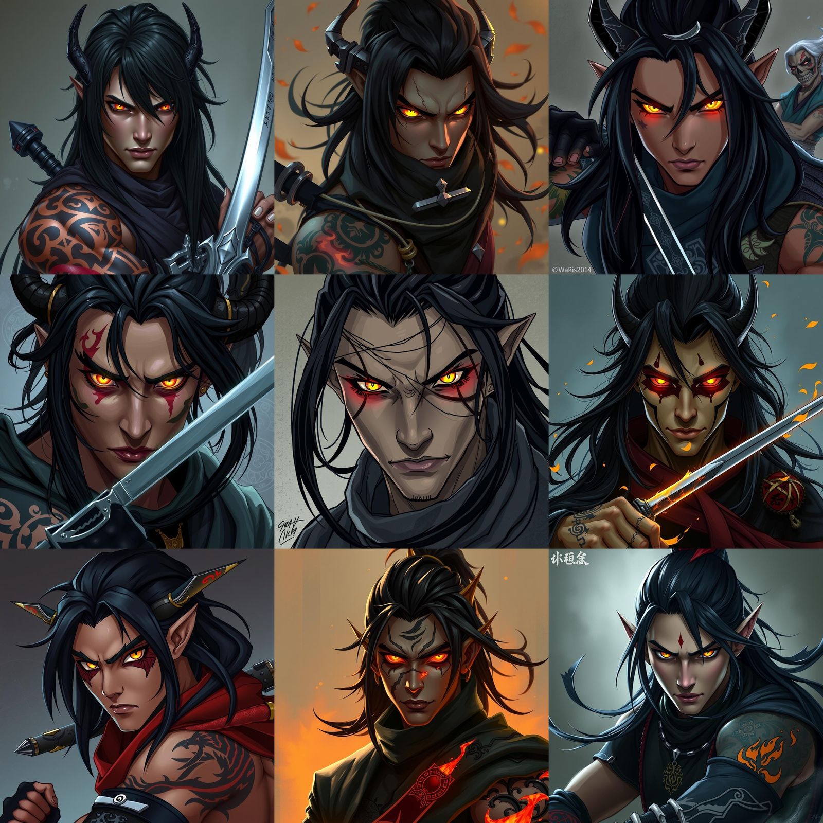 Tiefling Ninja with Glowing Eyes and Tattoos