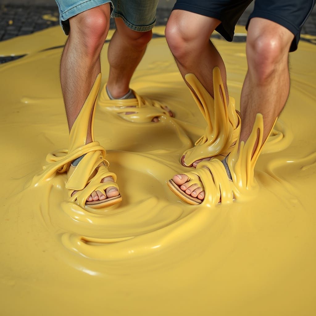 Men Struggle to Free Stuck Feet from Sticky Slime