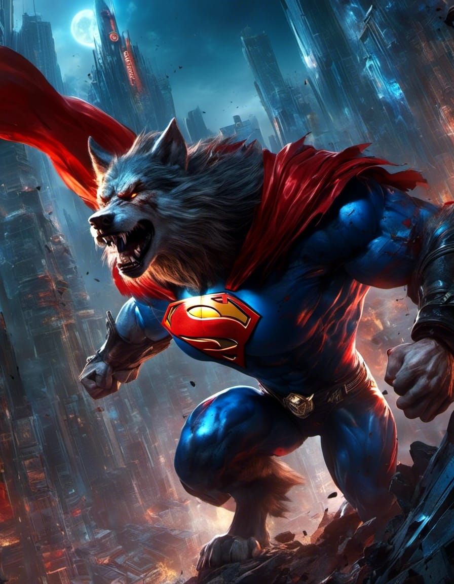 Werewolf Superman Cityscape in Game Art Style