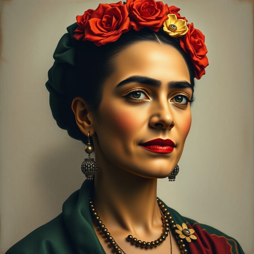 Frida Kahlo Portrait in Syncretic Aztec Baroque Style
