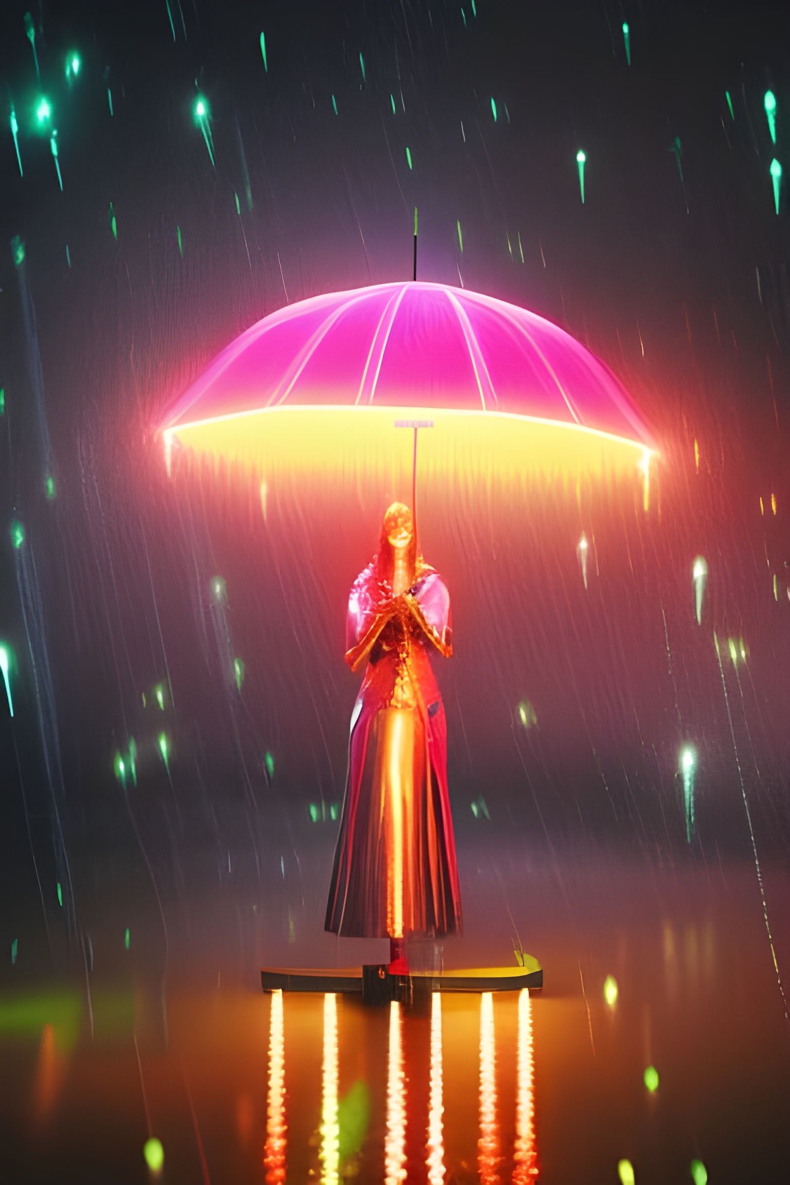 Cyborg Sorceress with Neon Umbrella in Cyberpunk City