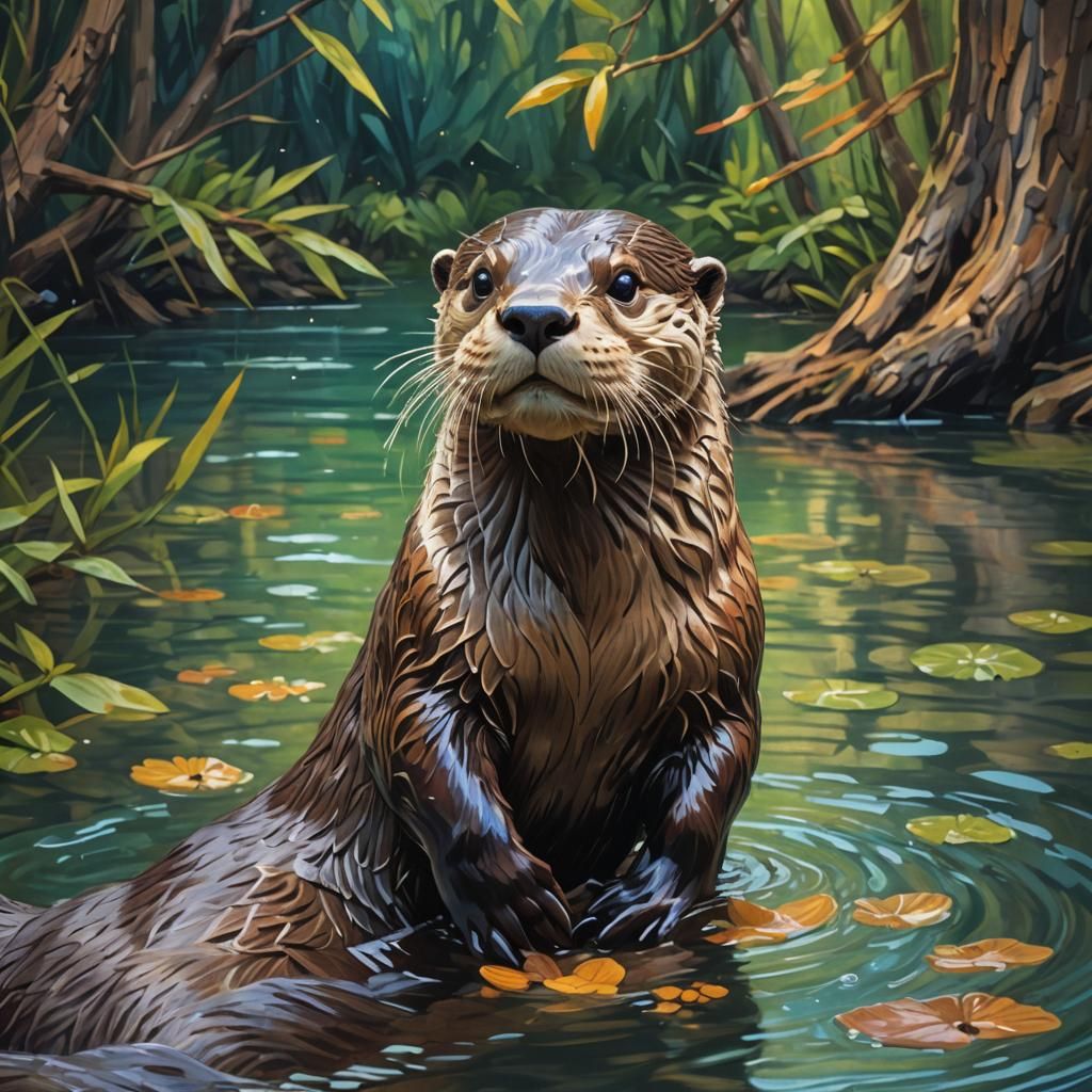 Otter in Impasto Style with Detailed Background