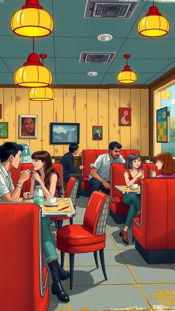 Retro Cafe Illustration in Playful Digital Art Style