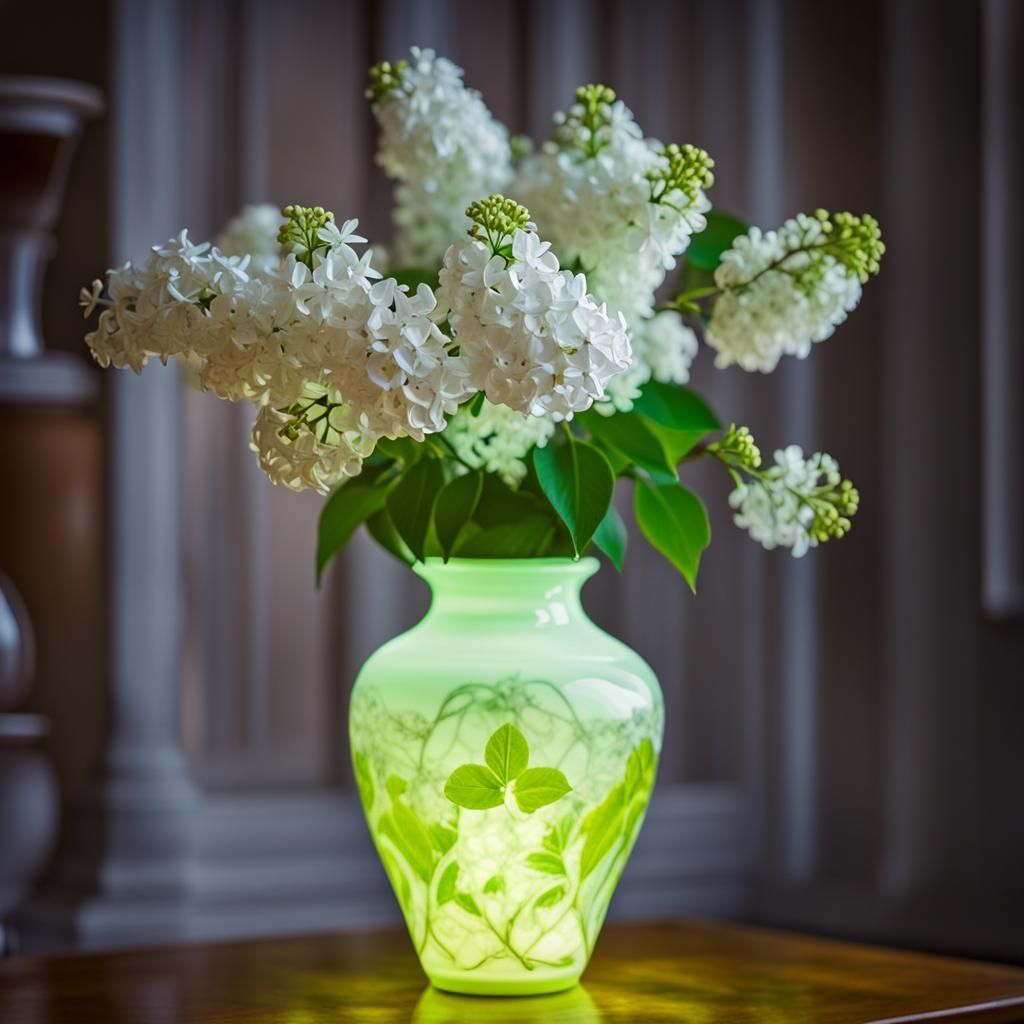 White lilac in uranium-glass vase