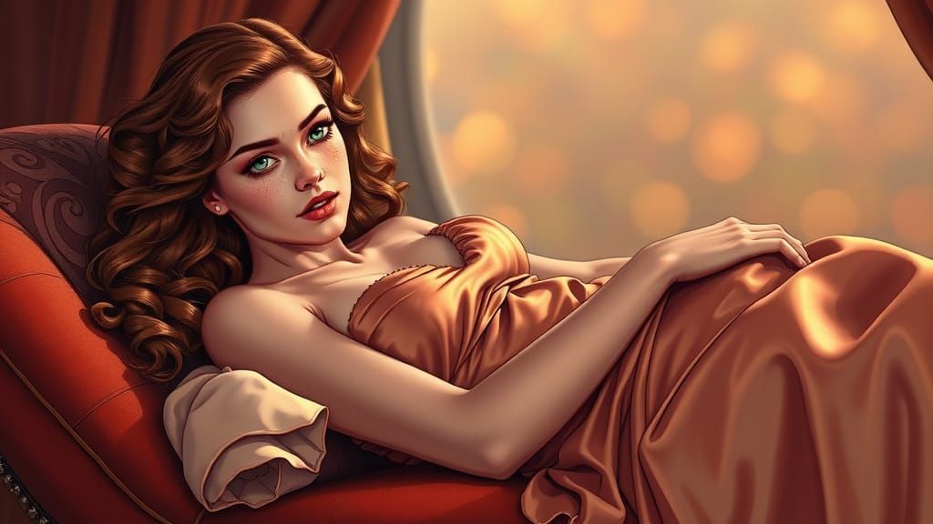 Sensual Woman Lost in Thought in a Velvet Chaise Lounge Scen...