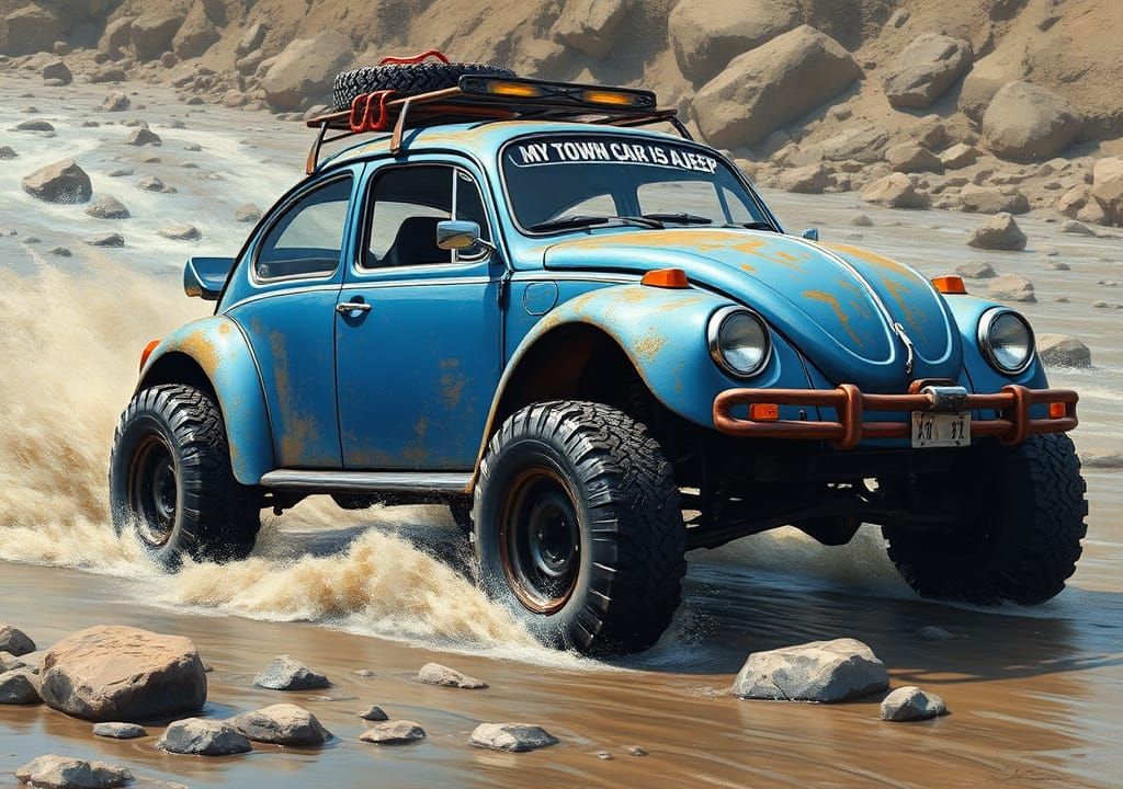 Modified VW Beetle Off-Roading as Impasto Painting