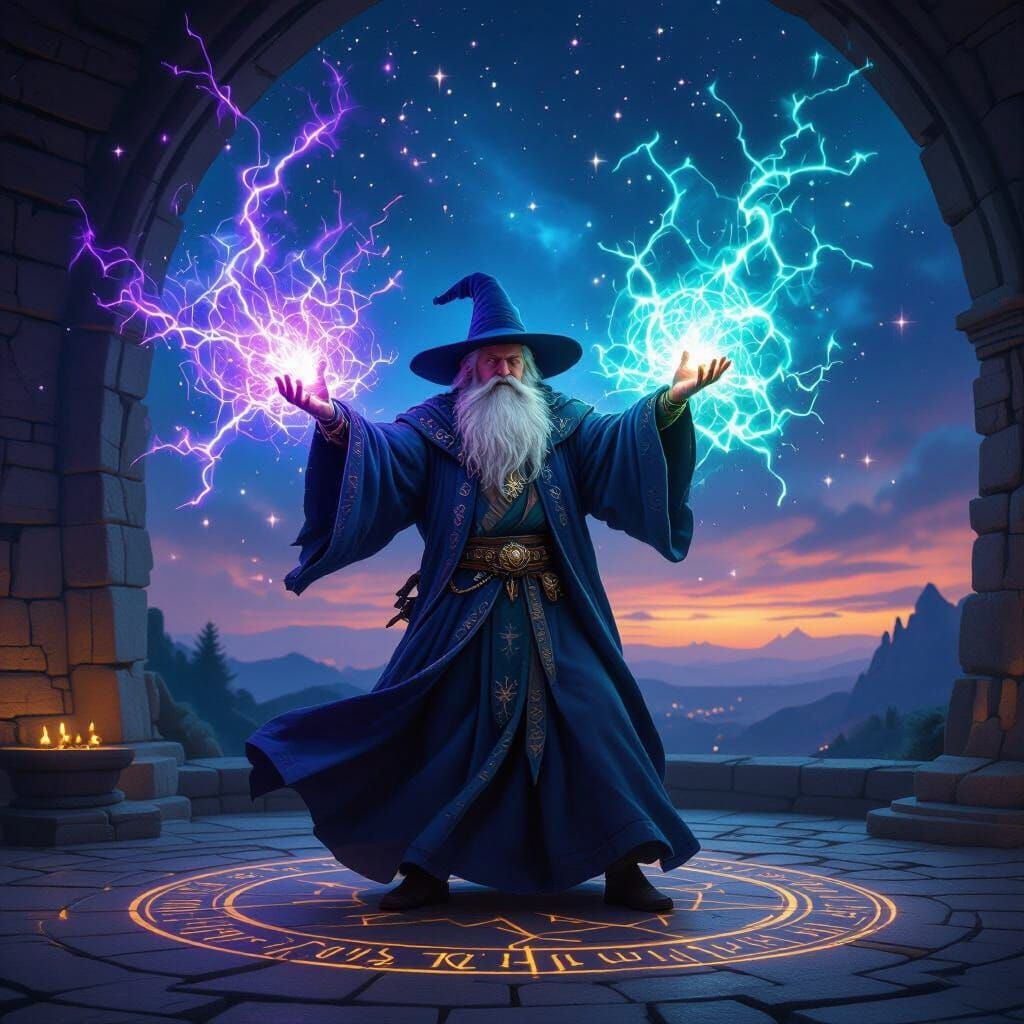 Wizard Casting Arcane Energy Spell in Cosmic Observatory
