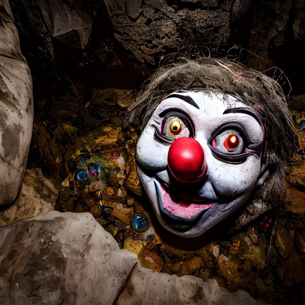 Evil Victorian Clown Puppet Shattered by Cliff