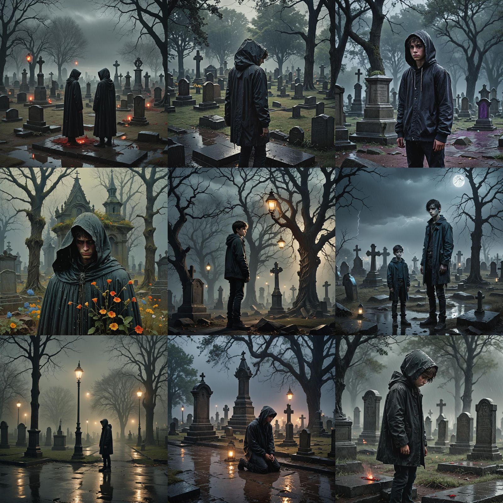 Teenager's Night Vigil at Grave in Rain