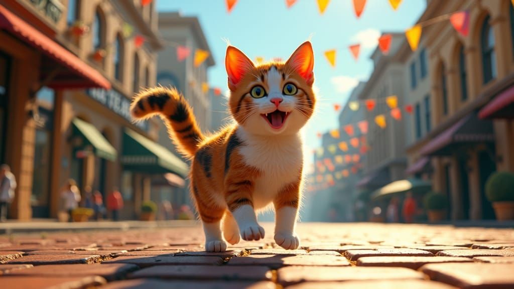 Calico Cat Dances in Floating Cityscape