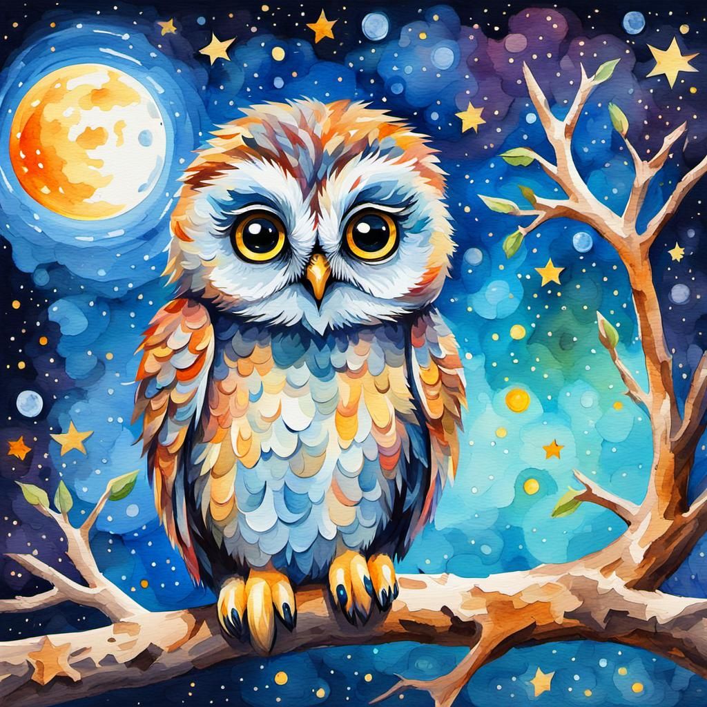Colorful Watercolor Baby Owl at Night