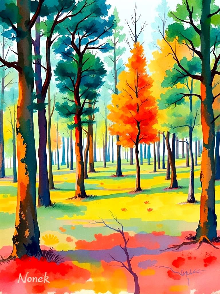 Vibrant Watercolor Forest Scene with Uneven Trees