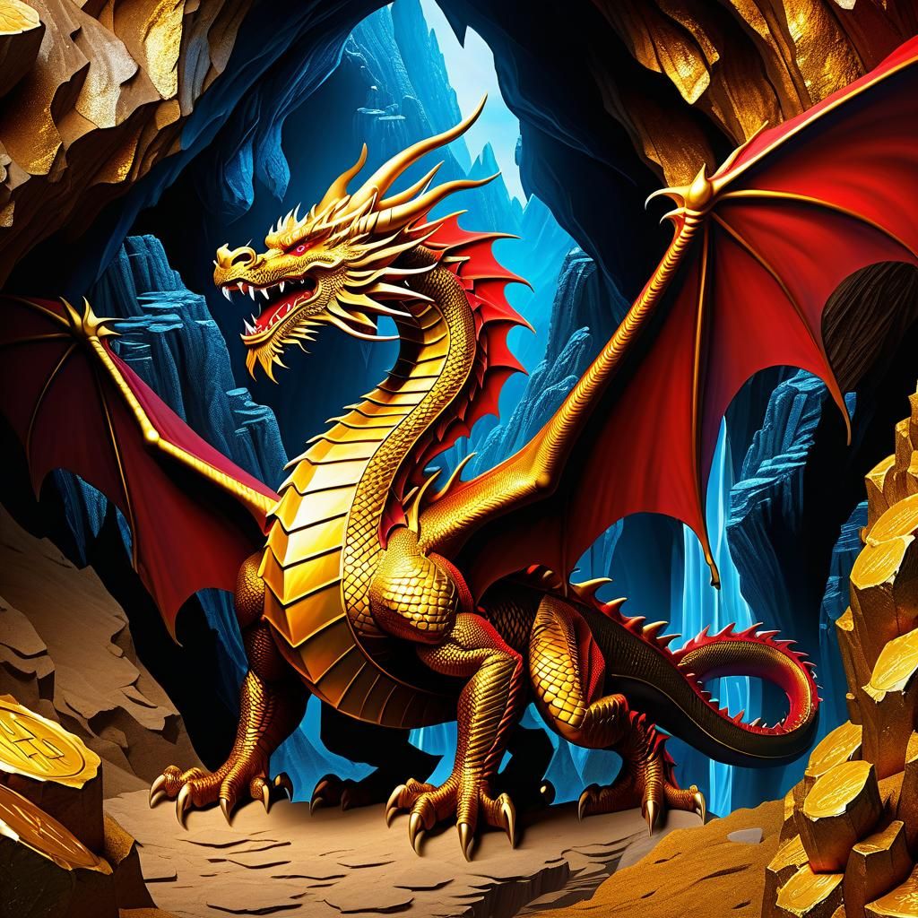 Dragon Guarding Gold Hoard in Mountain Cave