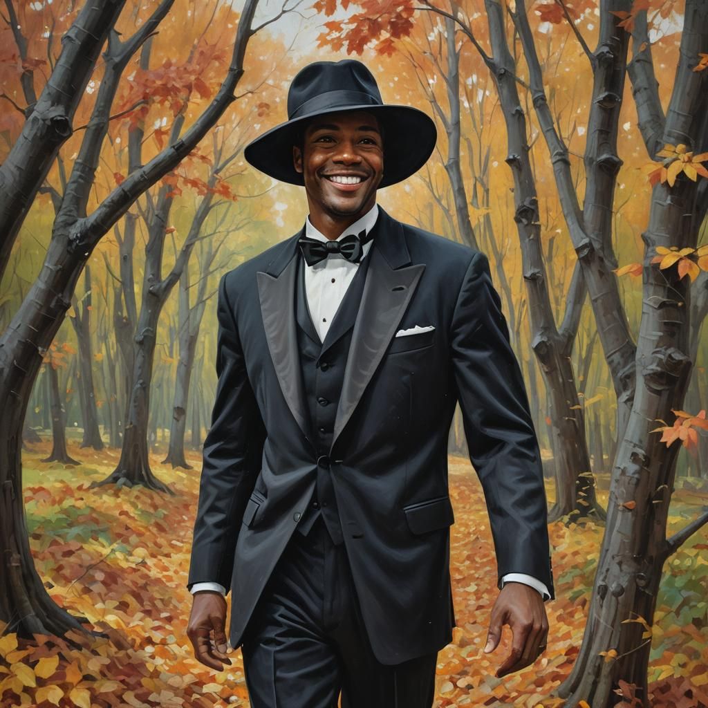 Smiling Man in Tuxedo, Autumn Landscape, Gurney Style