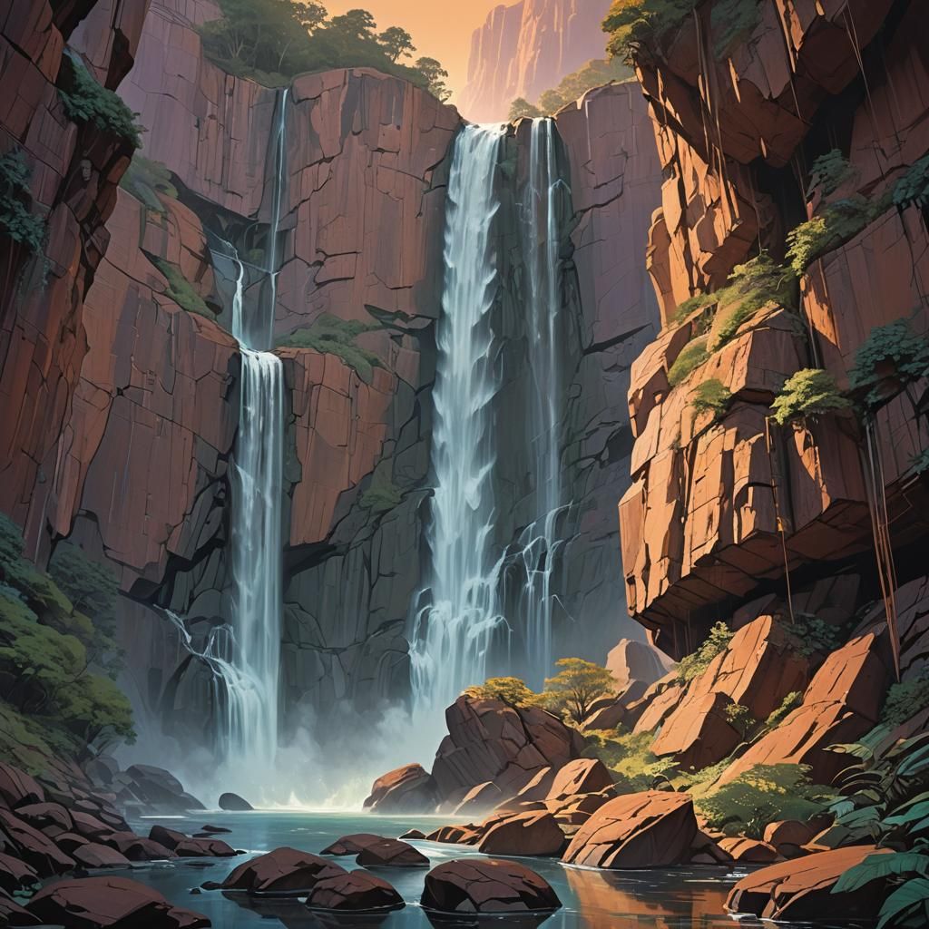 Magic Waterfall in Dreamlike Landscape, Digital Painting