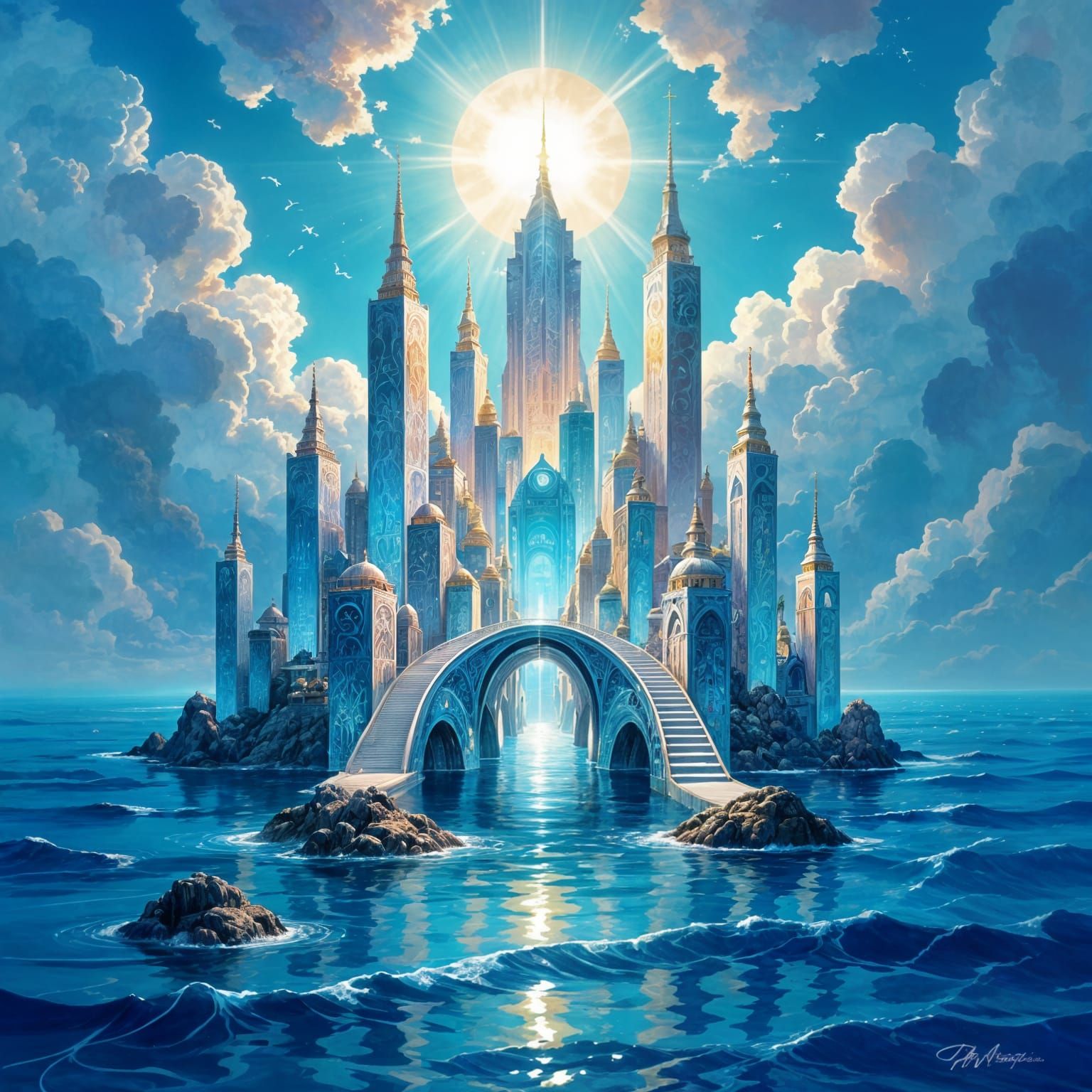 Seashell Cityscape Rises from Ocean in Mosaic Style