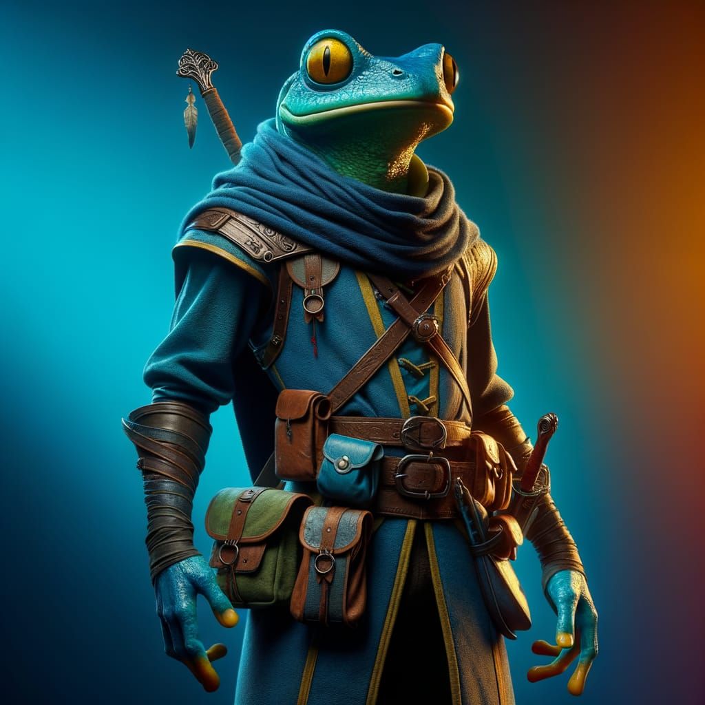 Surreal Blue Frog Wears Fantasy Gear in Hyperrealistic Art