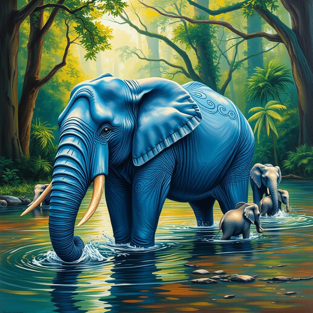 Serenity Oasis with Majestic Blue Elephant Family