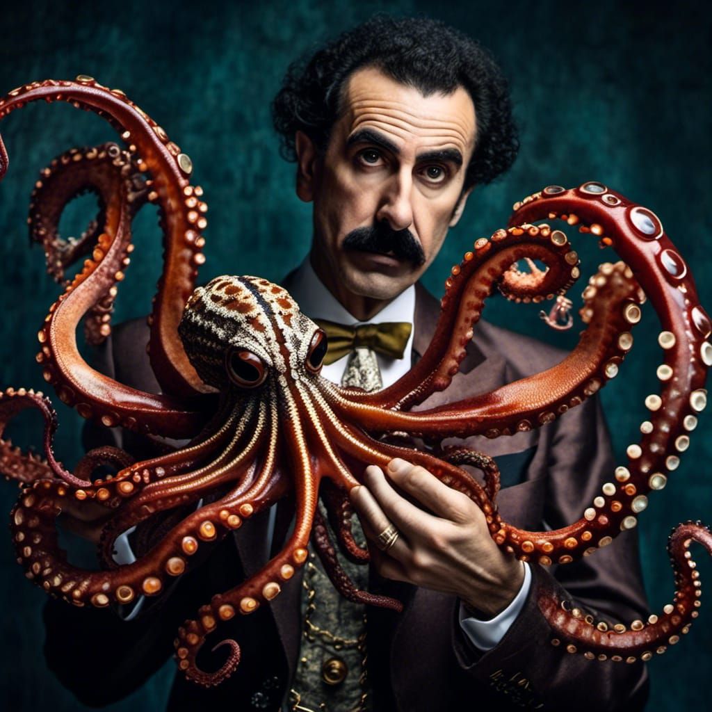 Borat Embraces an Octopus with Joy