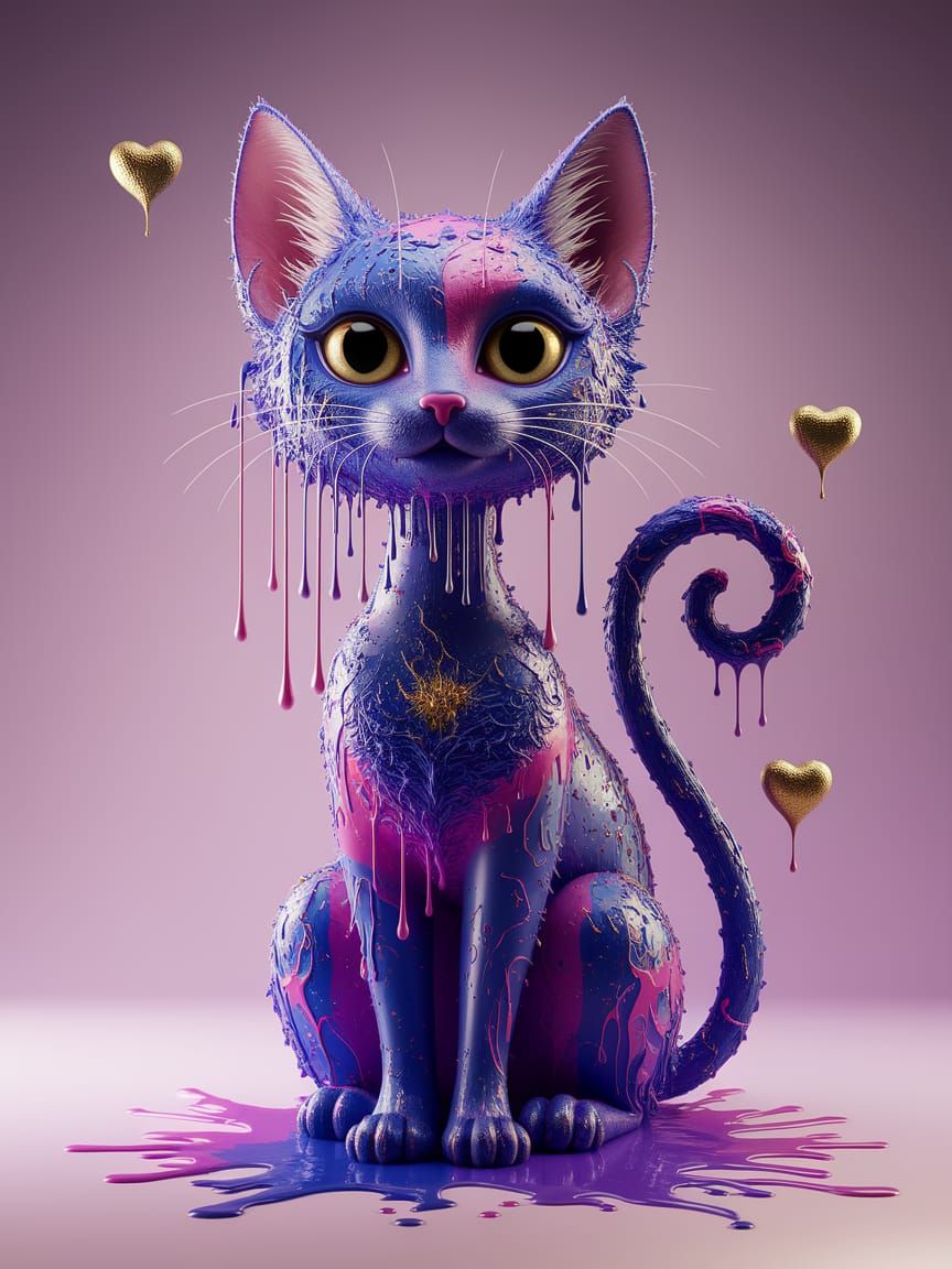 Surreal Abstract Cat Dripping in Paint, Drip Art Sculpture