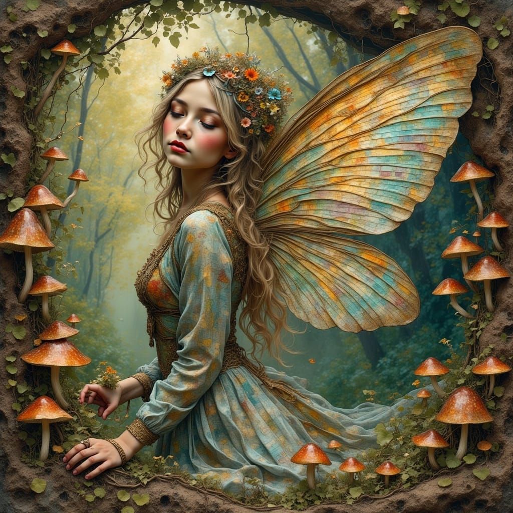 Ethereal Fairy Portrait with Newspaper Textures and Celtic P...