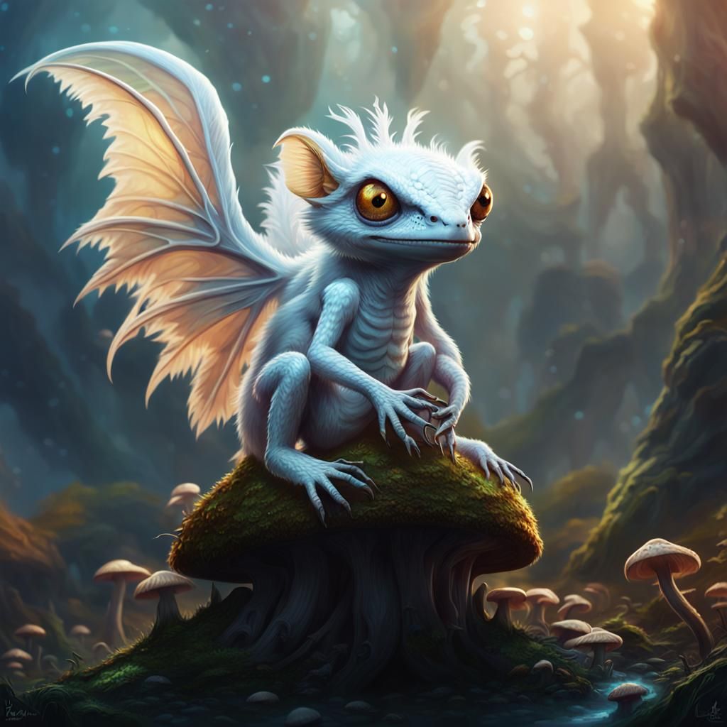 White Reptile Imp on Mushroom: Fantasy Concept Art