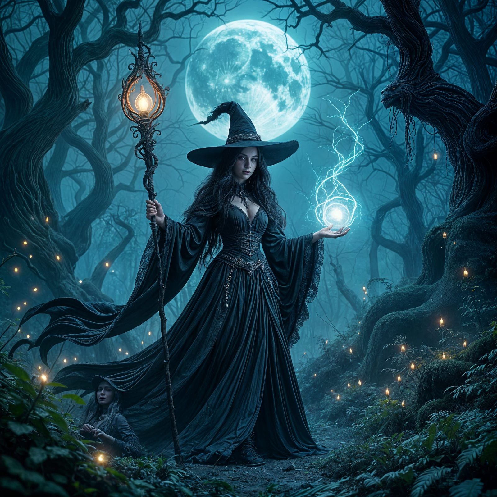 Gothic Witch Conjuring Magic in Moonlit Forest
