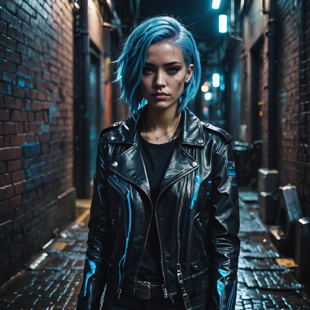 Cyberpunk Woman in Neon Noir Alleyway
