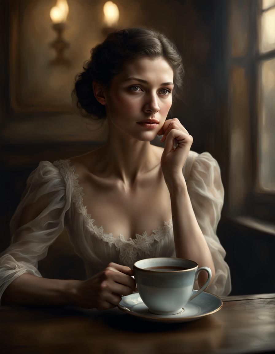 Beautiful Woman Enjoying Tea: Photorealistic Portrait
