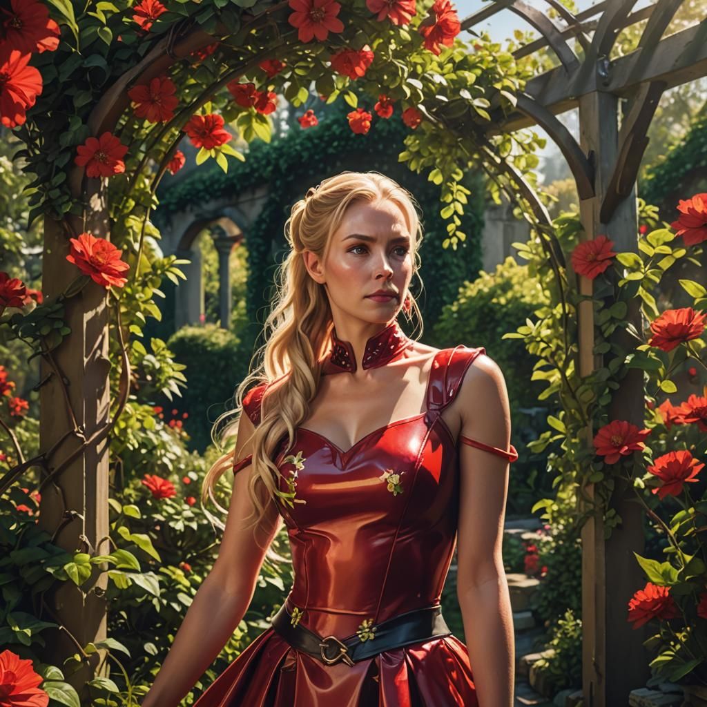 Blonde Woman in Red Latex Dress, Fantasy Art