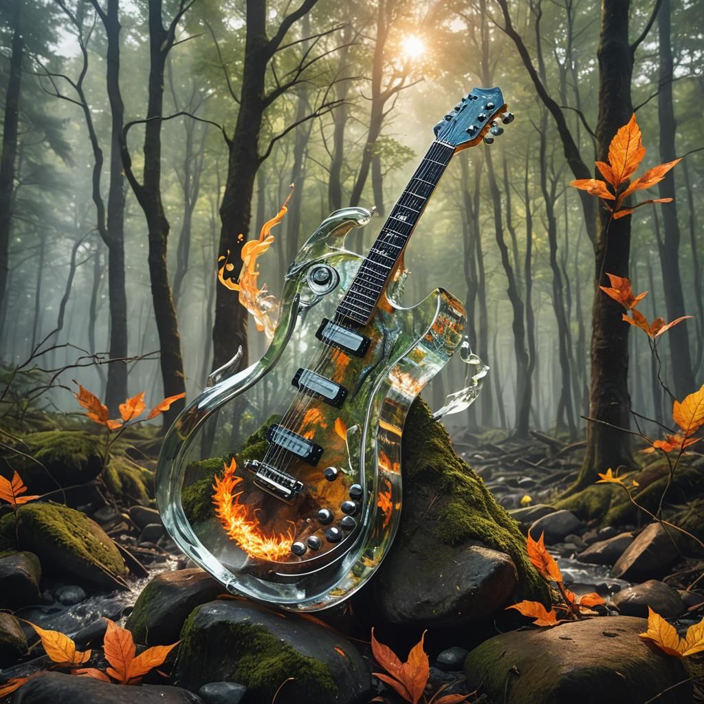 double exposure of a clear glass guitar in a wonderful forest and the four elements: Earth, Water, Air and Fire.