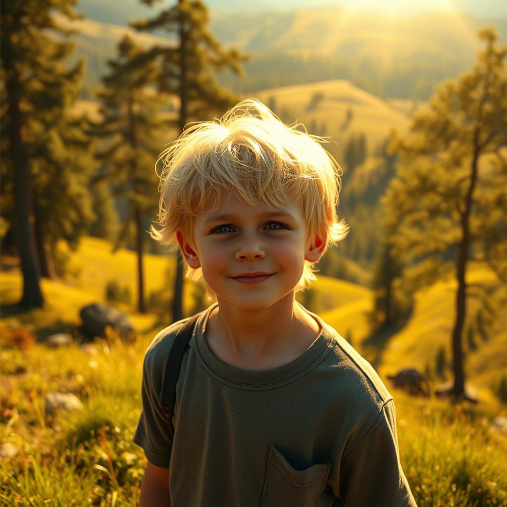 Surreal Boy Embraces Golden Light Amidst Enchanted Forest