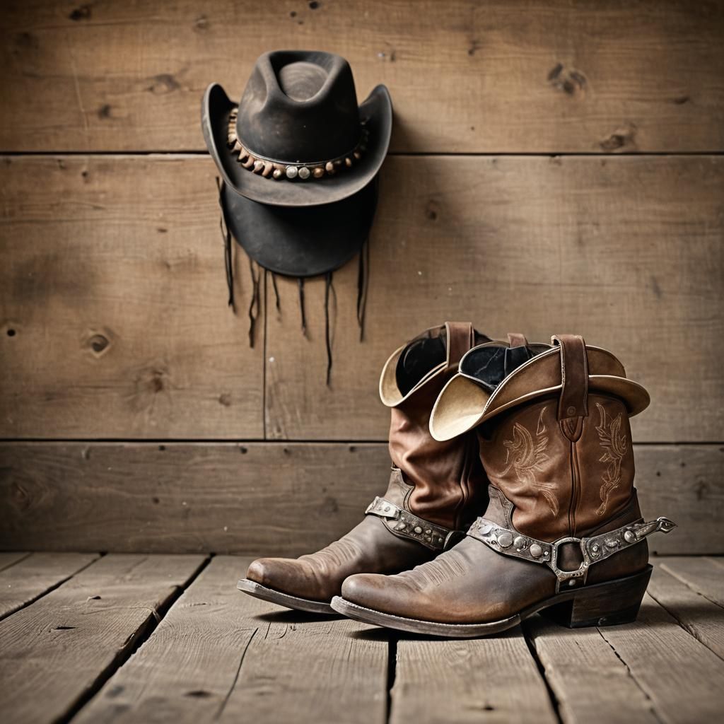Weathered Cowboy Hat and Boots Close-Up