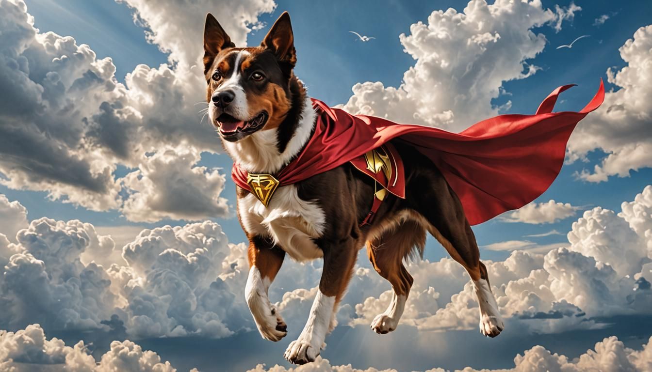 Superhero Dog Soaring Through the Sky
