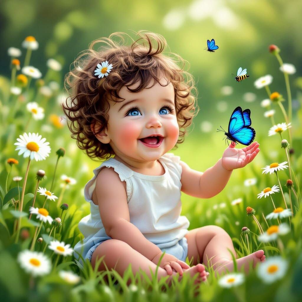 Joyful Toddler with Butterfly in Wildflower Garden