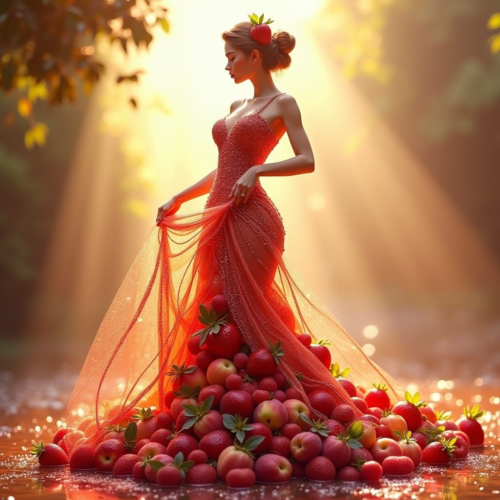 Hyperrealistic Fruit Woman in Flowing Water Gown