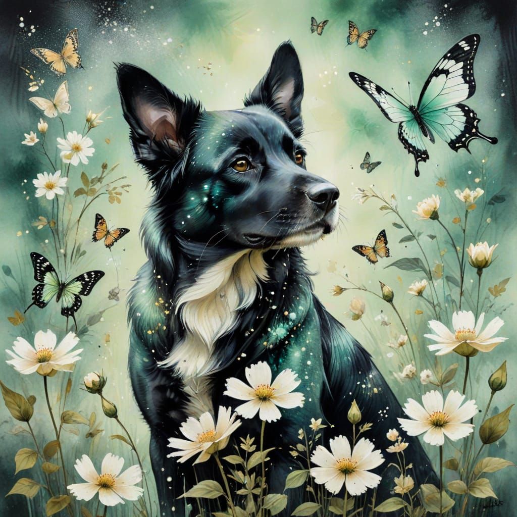 Dog and Butterfly in Fantasy Garden: Chinese Ink Painting