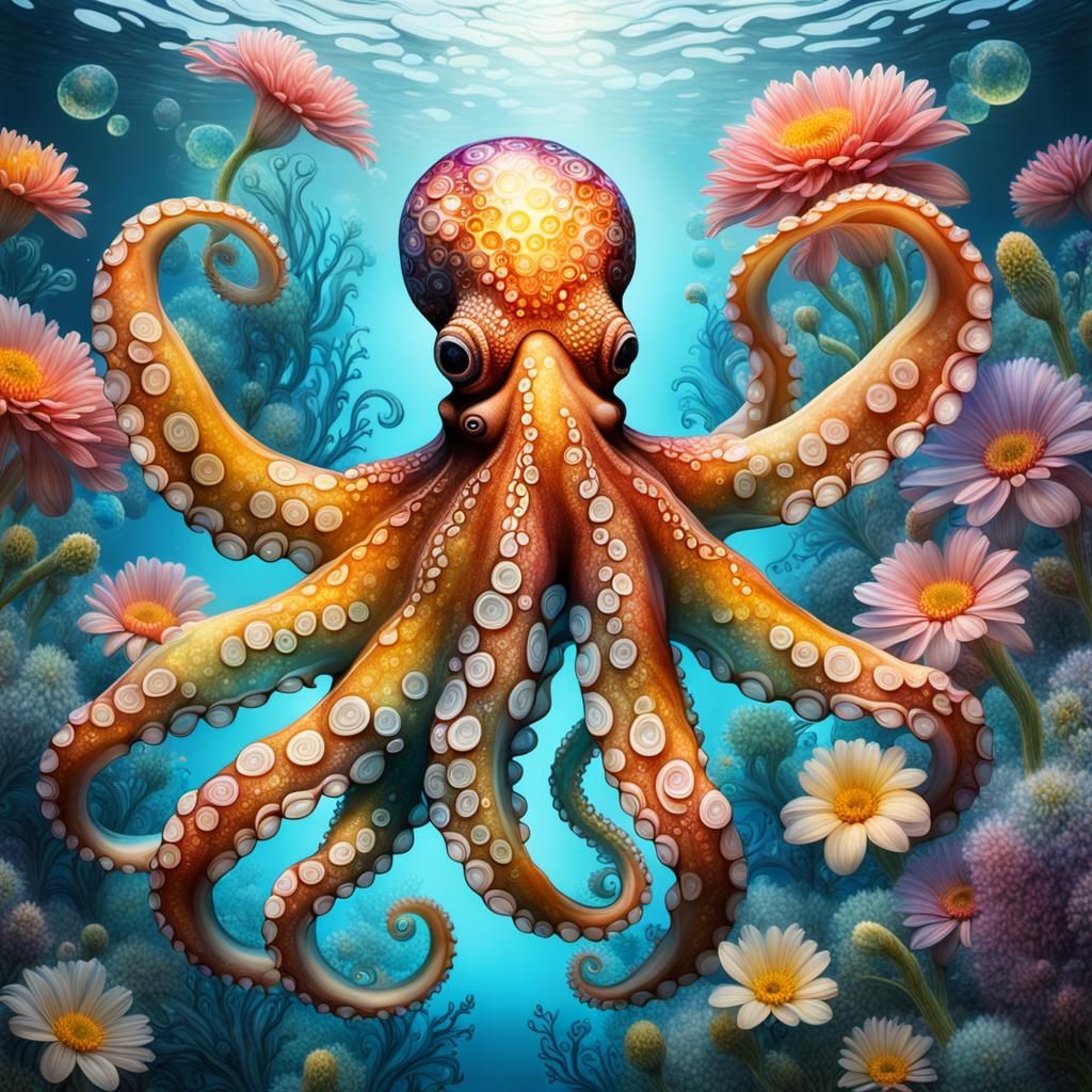 Enameled Glass Octopus with Fractal Flowers