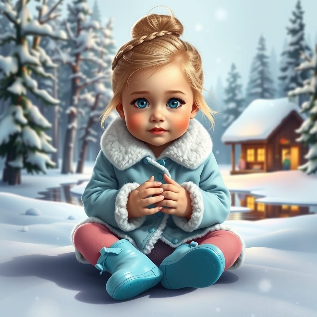 Fairytale Winter Scene With Young Girl in Snowy Landscape