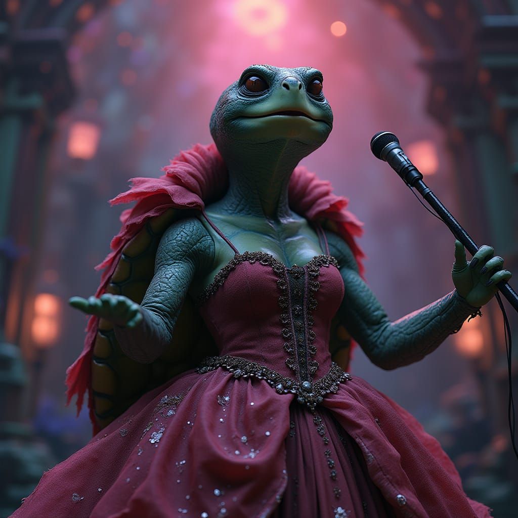A female turtle singing in an opera, blending Tim Burton's e...
