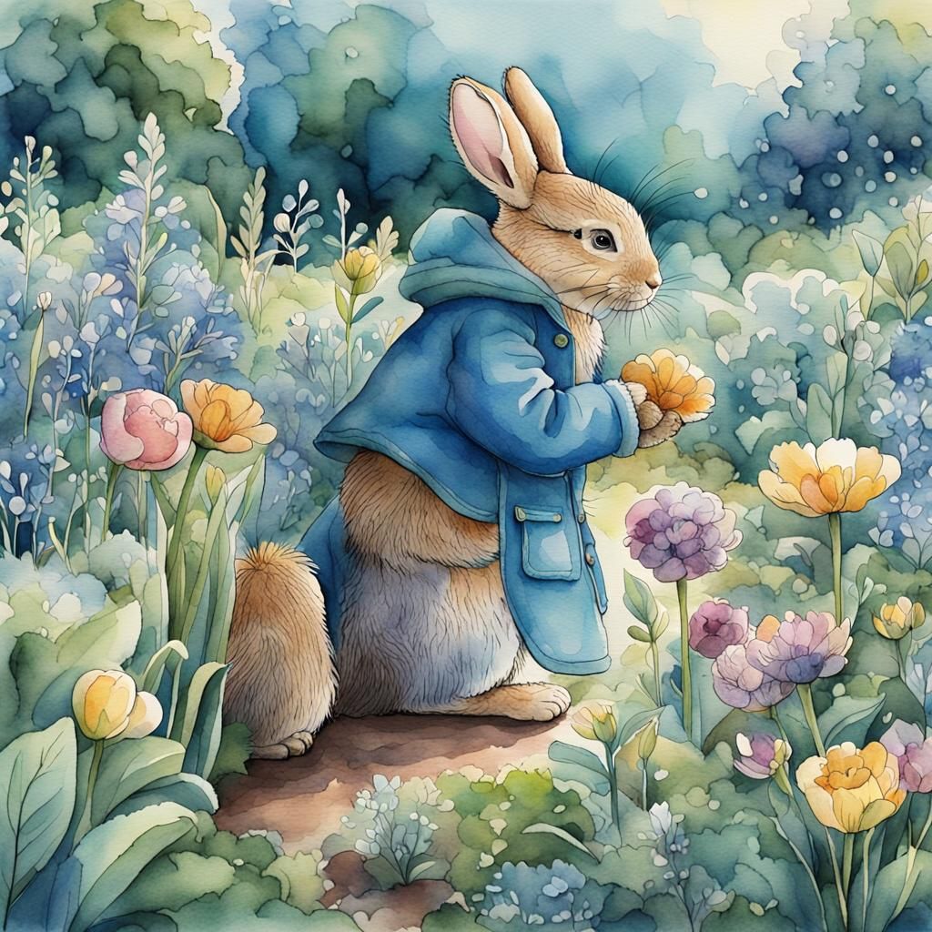Peter Rabbit in Garden as Watercolor Illustration
