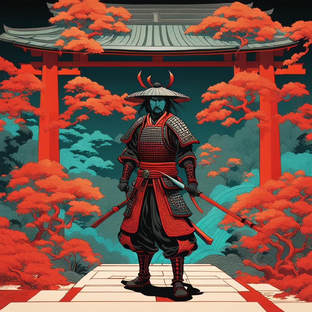 Samurai in Temple Garden: Alphonse Mucha-Inspired Art