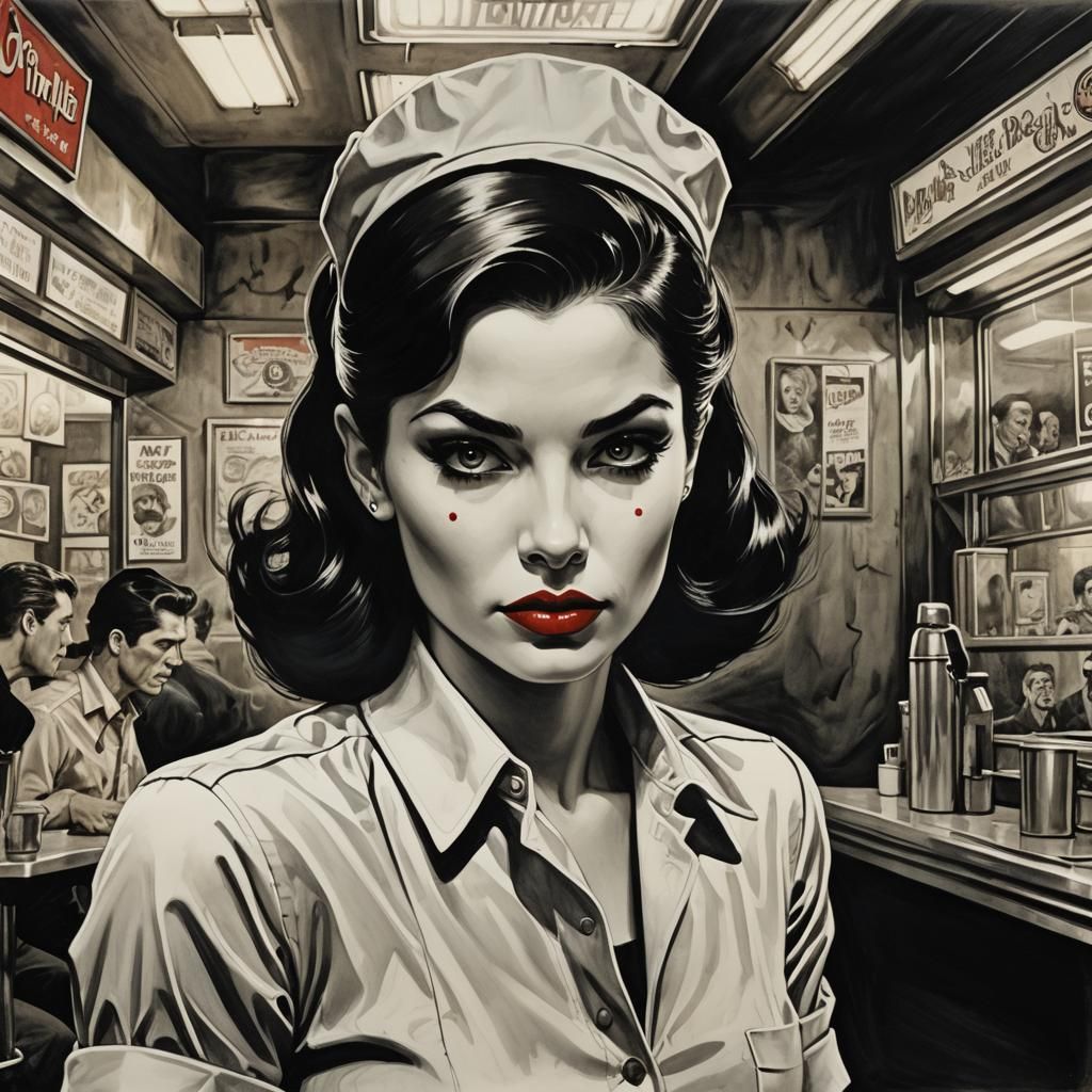 1960s Diner Waitress Portrait in Comic Noir Style