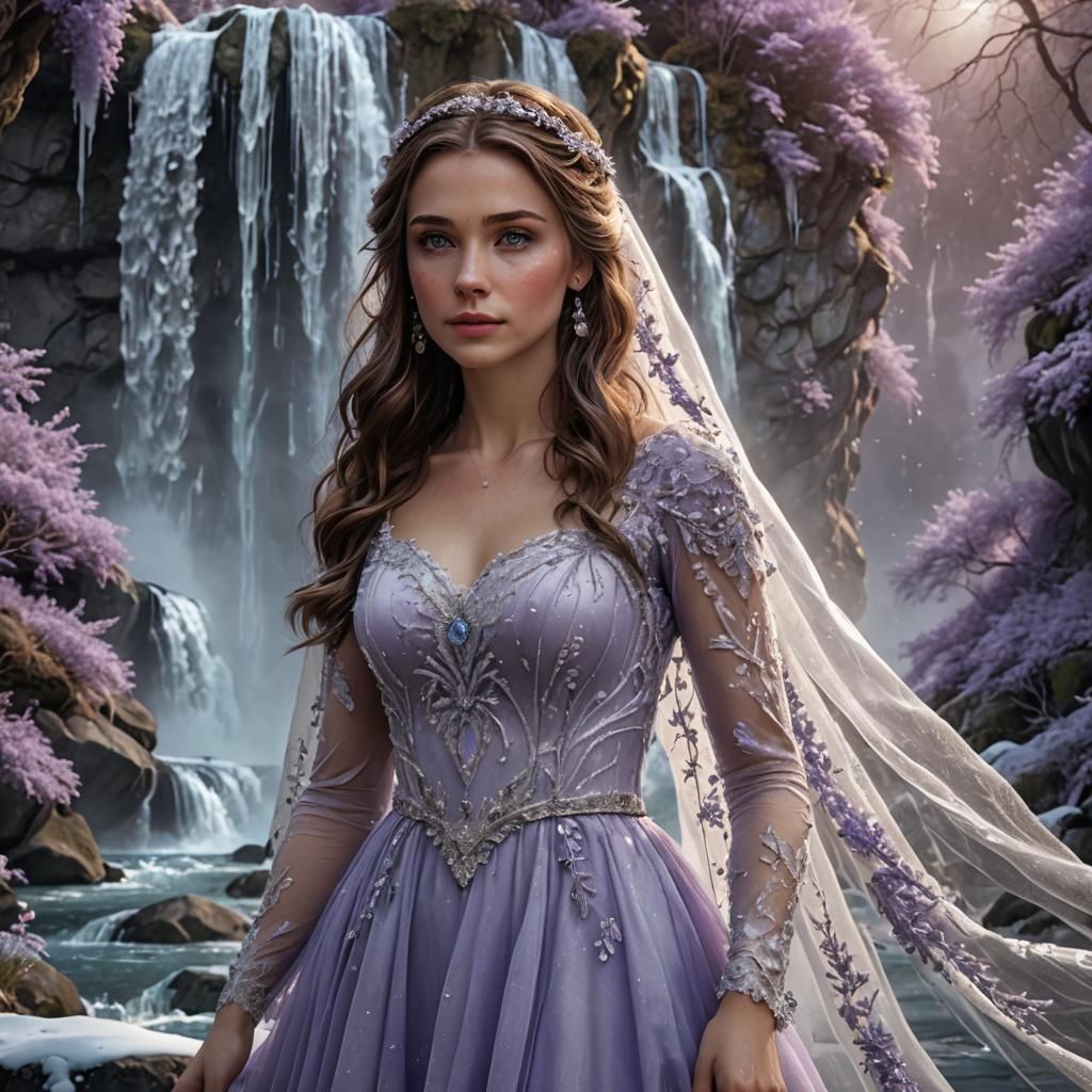Lavender Bride at Frozen Waterfall: Fantasy Concept Art