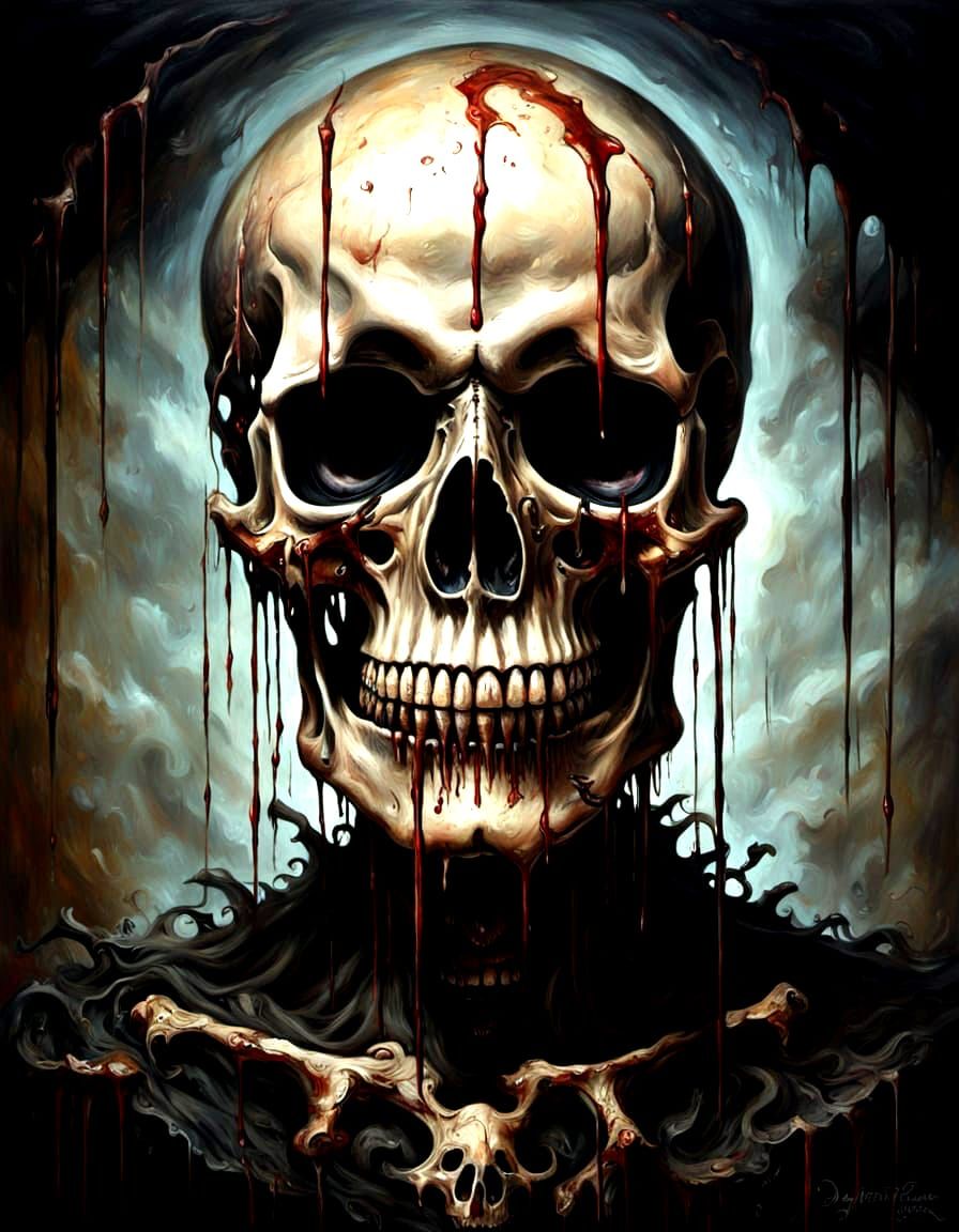 Skull luxury surrealism, macabre, horror art, dripping, deca...