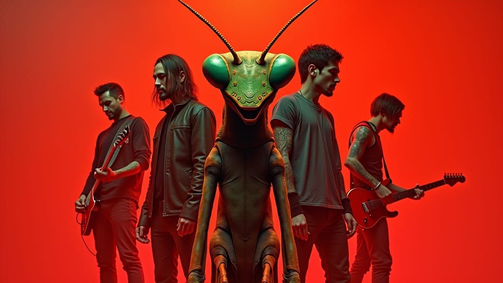 Futuristic LP Cover Art Featuring Praying Mantis and Rock Ba...