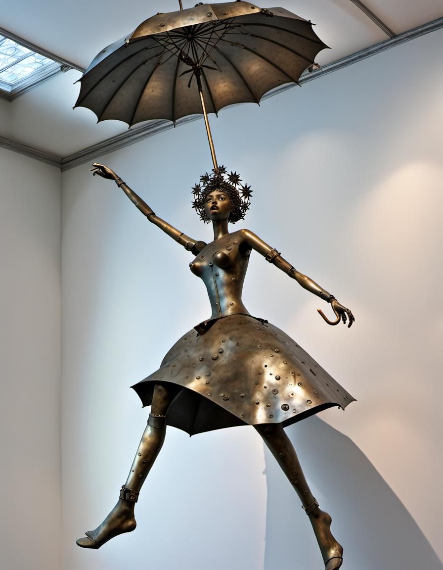 Bizarre Metal Sculpture of Floating Woman with Umbrella