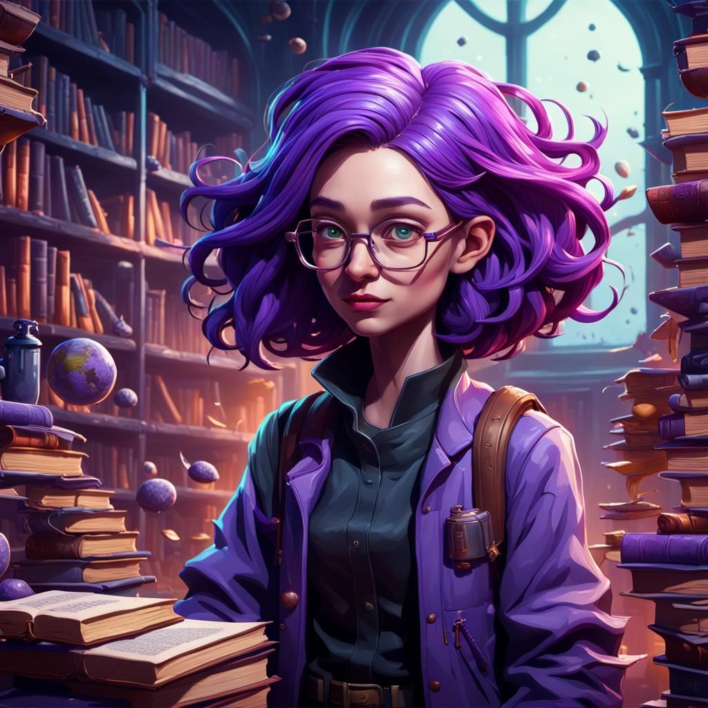 Purple-Haired Scientist Surrounded by Books, Cartoon Style