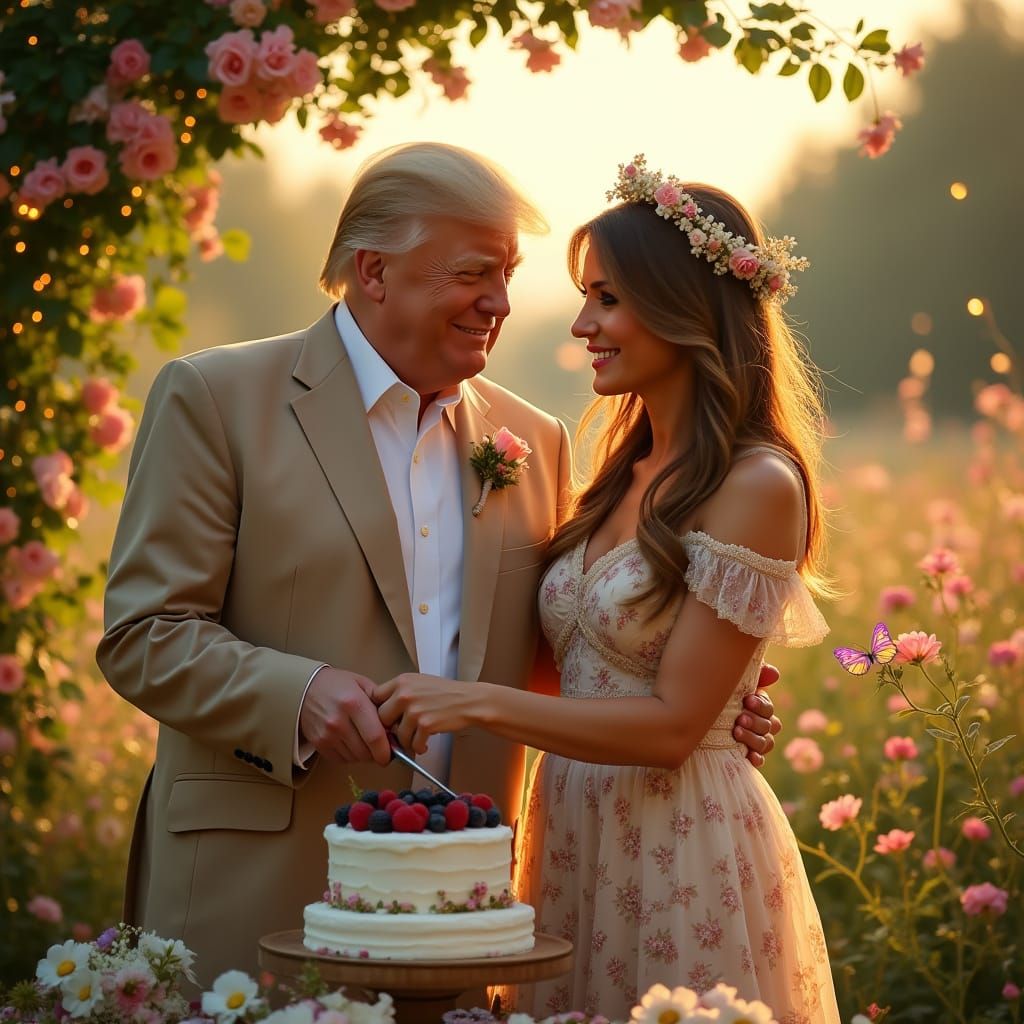 Trump and Melania in Romantic Garden, Vintage Illustration