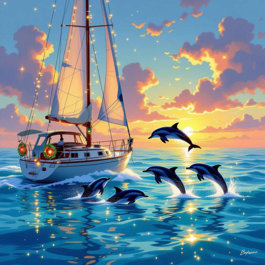 Whimsical Christmas Sailboat with Dolphins in Golden Hour